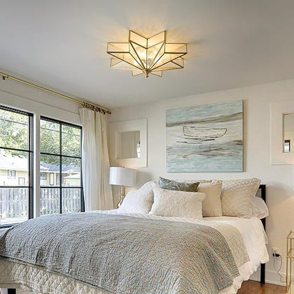 Star Brass Glass Ceiling Light - 19.5 In Gold Hammered Large Flush Mount Fixture - Art Deco Mid Century Vintage Modern Moravian Lighting Lights for Bedroom Dining Entryway Foyer Living Room