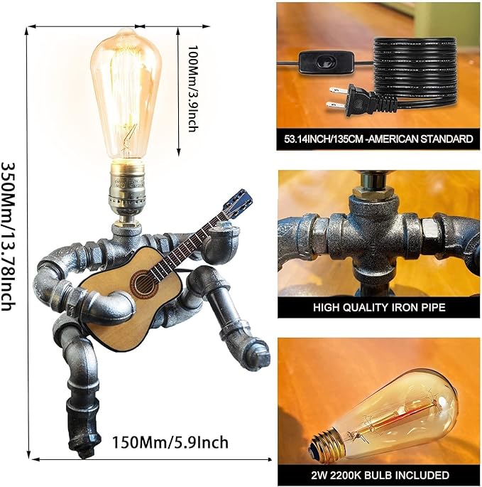Steampunk Guitar Pipe Robot Table Lamp, Adjustable Industrial Water Pipe Desk Lamp with Wooden Guitar & Edison Bulb,Music Lovers, Bedside, Bar Cafe - Cool Unique Gifts