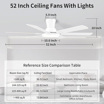 52 Inch White Ceiling Fans with Lights and Remote,Flush Mount Low Profile 6 Blades Ceiling Fan with 10 Inch Lighting Fixture,Quiet Reversible DC Motor for Living Room,Bedroom and Patio