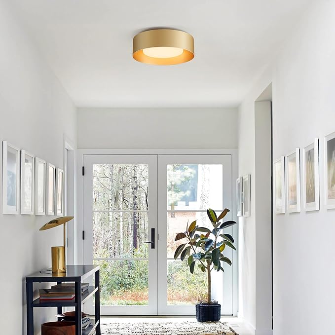 Yiisem Glass Gold Flush Mount Ceiling Lights, Modern Round Ceiling Lighting, Minimalist Drum Close to Ceiling Light Fixtures for Bedroom, Dining Room, Bathroom, Hallways, Laundry Room