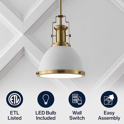 JONATHAN Y 10" Brass Gold/White Modern Industrial Iron LED Dome Pendant Light, Adjustable Hanging Fixture for Kitchen Island or Entryway, White Metal Shade, LED Bulb Included (JYL9535D)