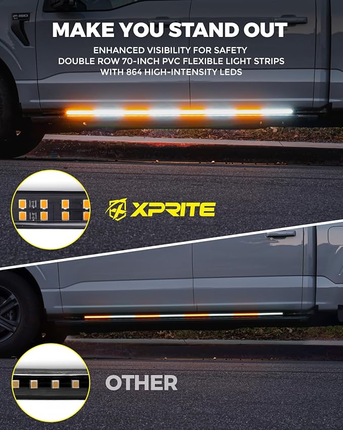 Xprite 2PCS 70 Inch Running Board Lights, 864 LED Emergency Strobe Light Strip, Truck LED Light Strip, Flexible Waterproof Running Board Emergency Lights for Trucks Pickup SUV Jeep – Amber