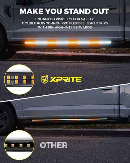 Xprite 2PCS 70 Inch Running Board Lights, 864 LED Emergency Strobe Light Strip, Truck LED Light Strip, Flexible Waterproof Running Board Emergency Lights for Trucks Pickup SUV Jeep – Amber