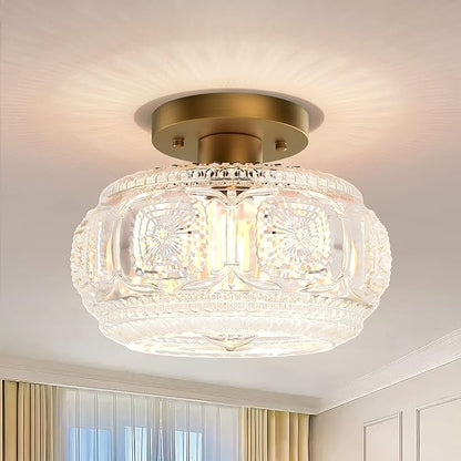 Semi Flush Mount Ceiling Light, Globe Glass Ceiling Light Fixture, Gold Modern Lighting for Hallway Porch Corridor Kitchen Bedroom, Bulb Not Included