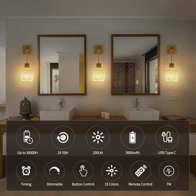 Battery Operated Wall Sconces Set of Two, Bamboo Lantern Rechargeable Wall Sconce with Remote, 15 Colors Dimmable Boho Wireless Wall Lights for Bedroom, Living Room, Wall Decor