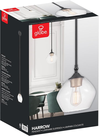 Globe Electric Harrow 1-Light Pendant, Gold Accent Socket, Shade 60312, 59.6", Matte Black with Clear Glass, Bulb Not Included