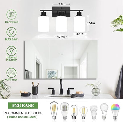 MOKATNG 3-Light Bathroom Light Fixtures, Vanity Light with Milky White Shades, Matte Black Bathroom Light Fixtures Over Mirror, Modern Bathroom Wall Lamp for Mirror Living Room Cabinet Bedroom