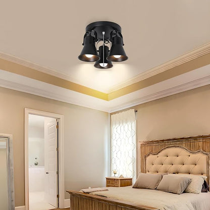 3-Light Industrial Track Lighting with Pull Chain On/Off Switch, Adjustable Round Kitchen Ceiling Light, Morden Black Flush Mount Directional Light for Kitchen, Hallway, Dining Room, Bathroom