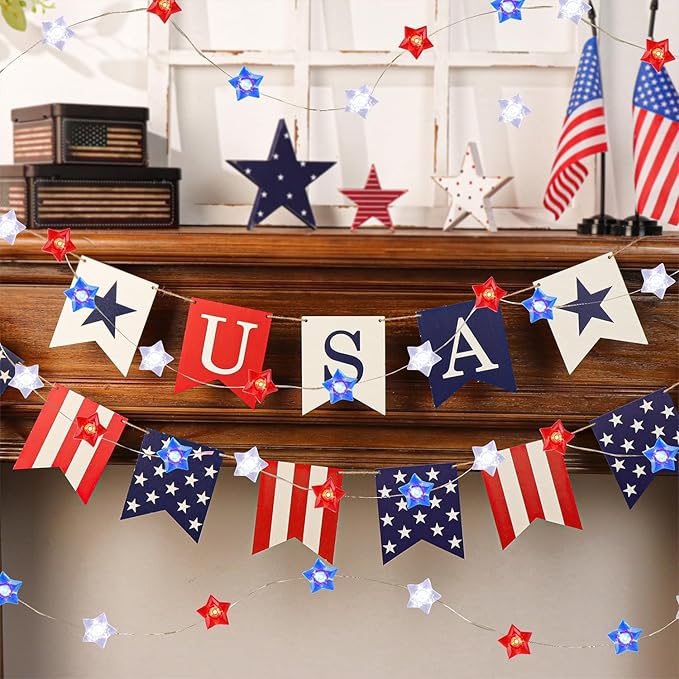 WATERGLIDE 2 Pack 4th of July String Lights, 16FT 50LED Red White and Blue Patriotic Star Lights, Battery Operated with 8 Modes & Timer, Waterproof Indoor Outdoor for Memorial Day Independence Day