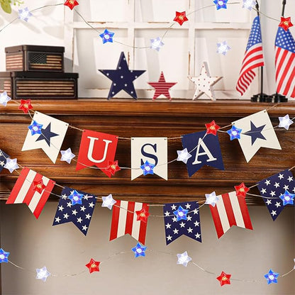 WATERGLIDE 2 Pack 4th of July String Lights, 16FT 50LED Red White and Blue Patriotic Star Lights, Battery Operated with 8 Modes & Timer, Waterproof Indoor Outdoor for Memorial Day Independence Day