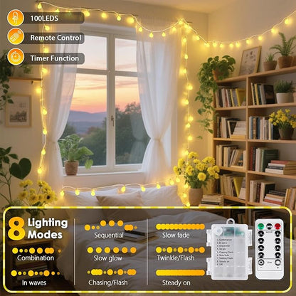 2 Pack Battery Operated String Lights Indoor Outdoor - 45FT 100 LED Fairy Lights with Remote, Waterproof Globe Light 8 Modes with Timer for Bedroom Classroom Dorm Girl's Room Decorations, Warm White