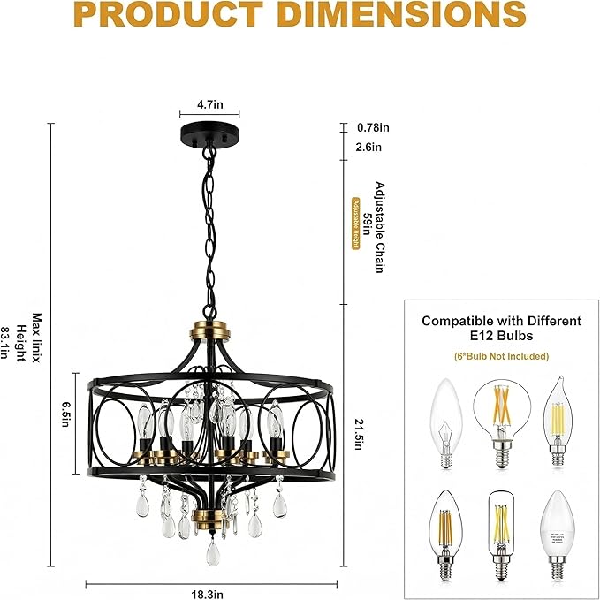 Modern Chandelier Black Metal Crystal Hanging Light 6 Light Dining Room Pendant Lighting Fixture for Farmhouse Bedroom Living Room Kitchen Entryway E12 Bulbs Not Included