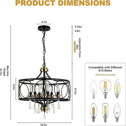 Modern Chandelier Black Metal Crystal Hanging Light 6 Light Dining Room Pendant Lighting Fixture for Farmhouse Bedroom Living Room Kitchen Entryway E12 Bulbs Not Included