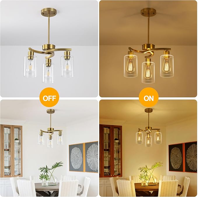 CNRATYE 3-Light Gold Dining Room Chandeliers Over Table, Contemporary Kitchen Island Pendant Lighting, Industrial Hanging Light Fixture for Entryway Hallway Foyer Bedroom, Clear Glass Shade