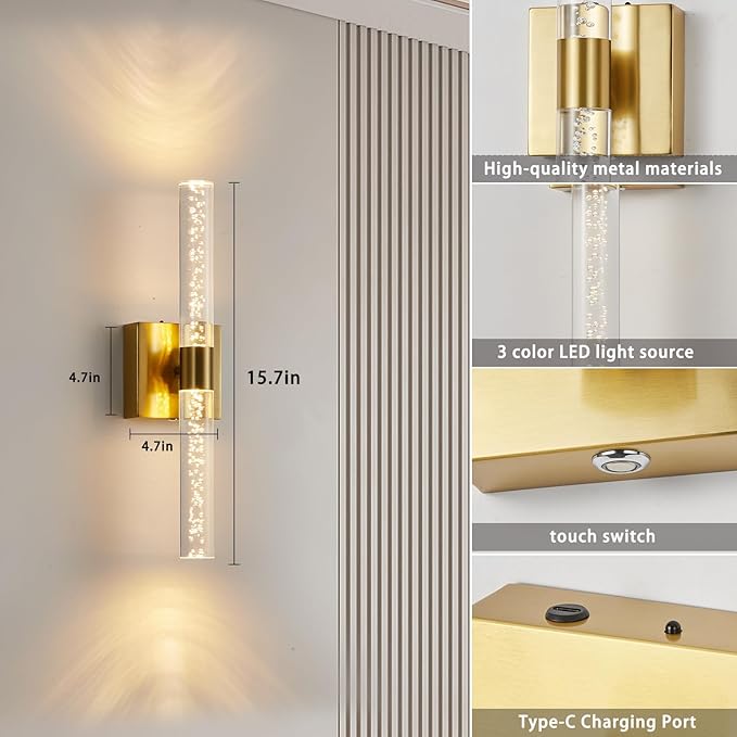 Battery Operated Wall Sconce Set of Two, Rechargeable Modern Crystal Bathroom Sconces, 3000K-6000K Dimmable Gold LED Wireless Wall Lights for Vanity Bedroom Living Room Hallway
