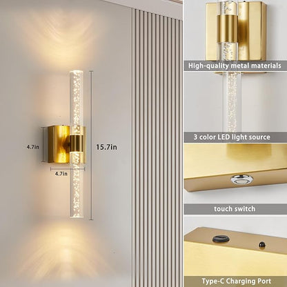 Battery Operated Wall Sconce Set of Two, Rechargeable Modern Crystal Bathroom Sconces, 3000K-6000K Dimmable Gold LED Wireless Wall Lights for Vanity Bedroom Living Room Hallway
