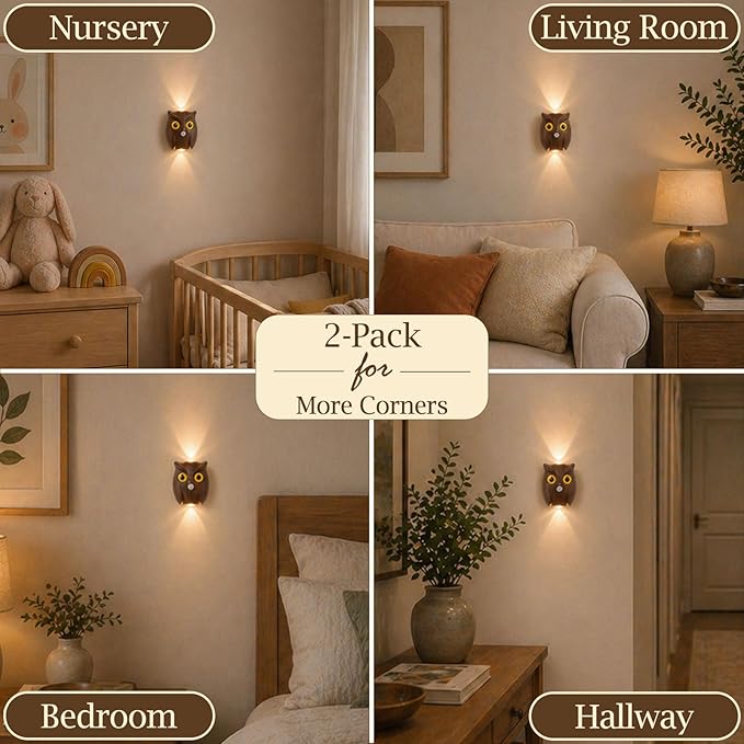 2-Pack Walnut Owl Wall Lamp, Cute LED Night Light for Bedroom Decor, Warm Ambient Lighting for Kids Room, Nursery & Hallway, Creative Animal Wall Light, Gift for Home Decoration