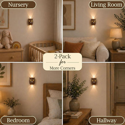 2-Pack Walnut Owl Wall Lamp, Cute LED Night Light for Bedroom Decor, Warm Ambient Lighting for Kids Room, Nursery & Hallway, Creative Animal Wall Light, Gift for Home Decoration