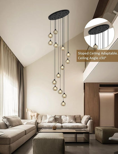 Weesalife Crystal Chandeliers for Staircases, 14-Light Black Modern Chandeliers for High Ceilings，Crystal Pendant Light Fixture for Living Room Kitchen Island Foyer Hallway Bar