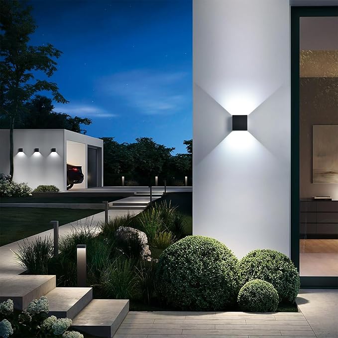 Mille Lucciole 4 Pack Outdoor Wall Lights Exterior/Interior LED Wall Sconces IP65 Waterproof Square Aluminum Wall Lamps Outdoor Lighting Fixture Up and Down Lights Modern Black 12W 6500K Cold Lights