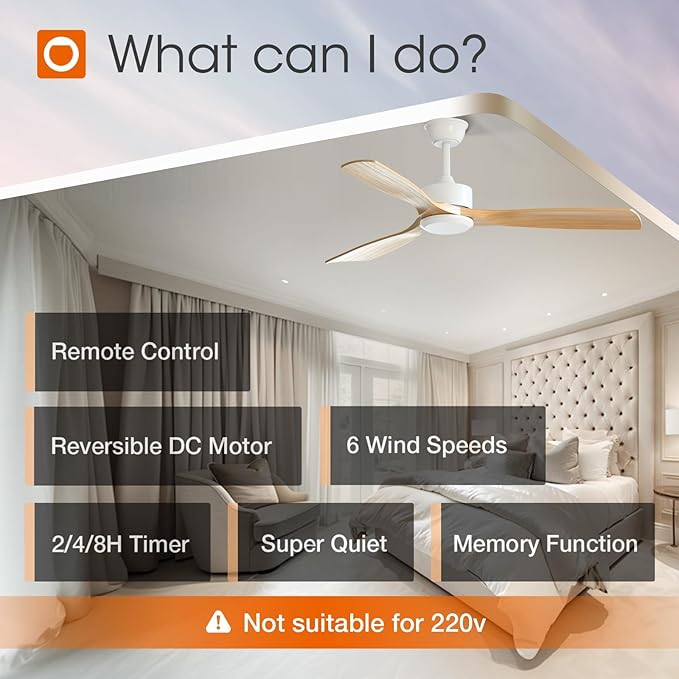 addlon 2 Pack 52 inch Ceiling Fan No Light, White Ceiling Fans with Remote Control, Reversible, 3 Wood Blades, 6 Speeds, Noiseless, Wood Ceiling Fan without Light for Indoor/Outdoor Use