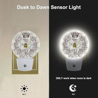 EKOBLA Queen Bee Plug-in Night Light, Bee Theme Round LED Nightlight with Auto Sensor, Dusk to Dawn Lighting for Bedroom, Hallway & Kitchen