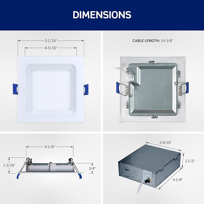 Leviton 4 in. Square Baffle Slim Downlight, 820 Lumens, 5 CCT Color Selectable 2700K-5000K, Dimmable, DBS40-S1W, White