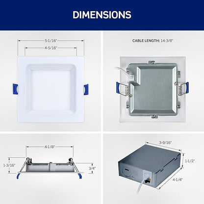 Leviton 4 in. Square Baffle Slim Downlight, 820 Lumens, 5 CCT Color Selectable 2700K-5000K, Dimmable, DBS40-S1W, White