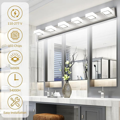 Ralbay Brushed Nickel Bathroom Vanity Lights 48inch Metal Acrylic LED Modern Bathroom Wall Lighting Fixtures Over Mirror Brushed Nickel (White Light 6000K, Non-dimmable)