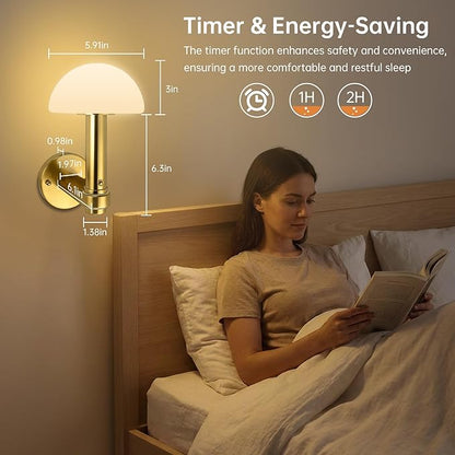 Wireless Wall Sconce Set of 2 for Bedroom Living Room, Battery Operated Wall Sconce Decor Light with Remote & 5000mAh Rechargeable, Gold Mushroom Wall Lamps for Hallway Bathroom Vanity
