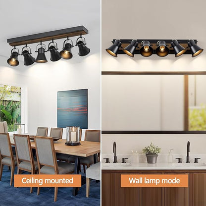 6-Light Track Light Fixtures Ceiling/Wall Mount, Adjustable Spotlight, Industrial Black Kitchen Lighting for Living Room, Dining Room, Hallway, Bathroom