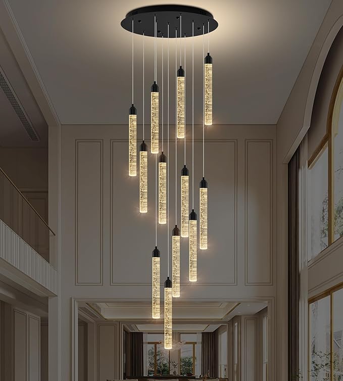 Crystal Staircase Chandelier, Modern Black Large Spiral Dimmable LED Cluster Raindrop Foyer Chandelier Lighting, Bubble Living Room Hanging Light Fixture 12 Light Remote Control