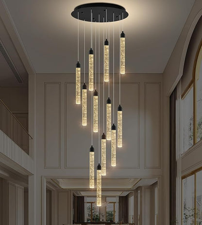 Crystal Staircase Chandelier, Modern Black Large Spiral Dimmable LED Cluster Raindrop Foyer Chandelier Lighting, Bubble Living Room Hanging Light Fixture 12 Light Remote Control