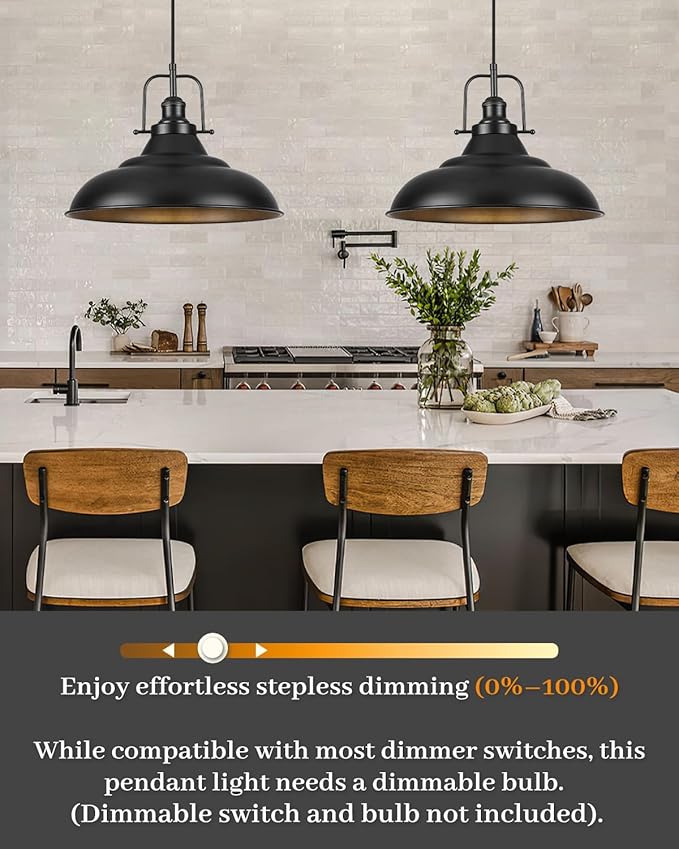 Black Pendant Light Kitchen Island,16 Inch Large Industrial Pendant Lights, Matte Black Pendant Lights, Vintage Farmhouse Pendant Light for Kitchen Island, Dining Room, Hallway (2 Pack)