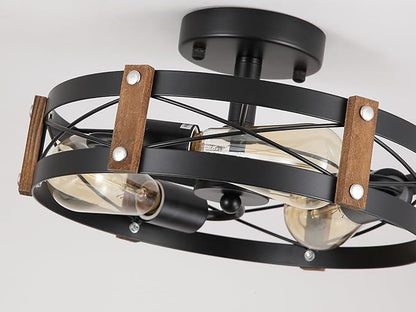 3-Light Rustic Farmhouse Wood Flush Mount Ceiling Light Fixture 13.6 inch Oak Wood and Metal Round Cage Semi Flush Mount Ceiling Light for Hallway Hall Entry Bedroom Kitchen Farmhouse, Black