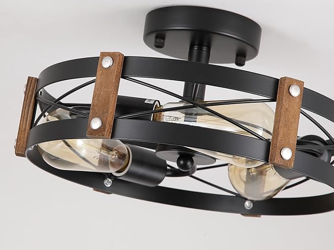 2 Pack 3-Light Rustic Farmhouse Wood Flush Mount Ceiling Light Fixture 13.6 inch Oak Wood and Metal Round Cage Semi Flush Mount Ceiling Light for Hallway Hall Entry Bedroom Kitchen Farmhouse, Black