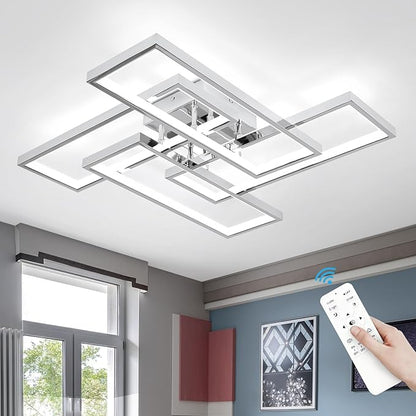 Dimmable Modern LED Ceiling Light, 4-Square Modern Ceiling Lighting for Living Room with Remote Control 26In Chrome Bedroom Ceiling Lights Fixures for Kitchen, Bathroom, Dining Room