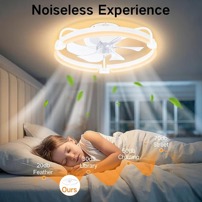 OUTON 20" Ceiling Fan with Light, Remote & App Control, Fandelier Low Profile Flush Mount Ceiling Fan with 3000K-6500K Stepless Dimmable, 6 Speed, Quiet DC Motor, Modern Ceiling Fans for Bedroom White