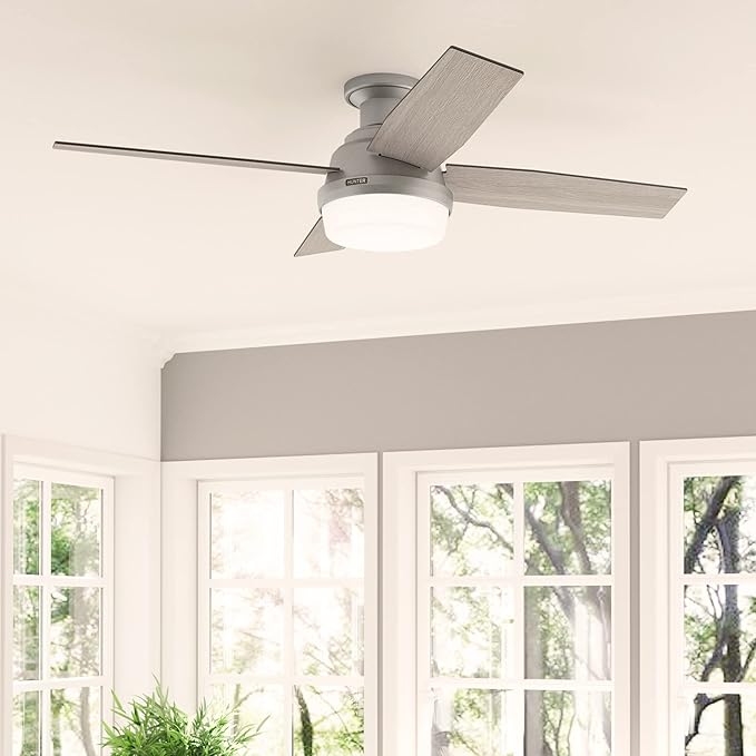 Hunter 52 inch Indoor Ceiling Fan with LED Light and Remote Control - Modern Ceiling Fan, Low Profile Mount, 4 Blades, For Bedroom, Living Room, or Kitchen, Quiet - Dempsey 51736, Matte Silver