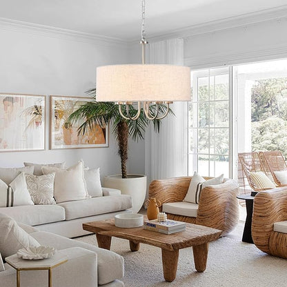 Drum Modern Chandeliers for Dining Room Light Fixture 5 Lights Brushed Nickel Chandelier with Linen Lampshade 19” Farmhouse Chandelier Large Pendant Lighting Fixtures for Foyer Entryway Kitchen