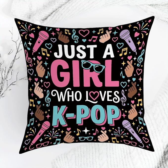 K-pop Decor, Just a Girl Who Loves K-pop Room Decor, Anime Lovers Throw Girls K-pop Gifts Pillow Covers for Living Room Home Girl Bedroom Decoration Gifts