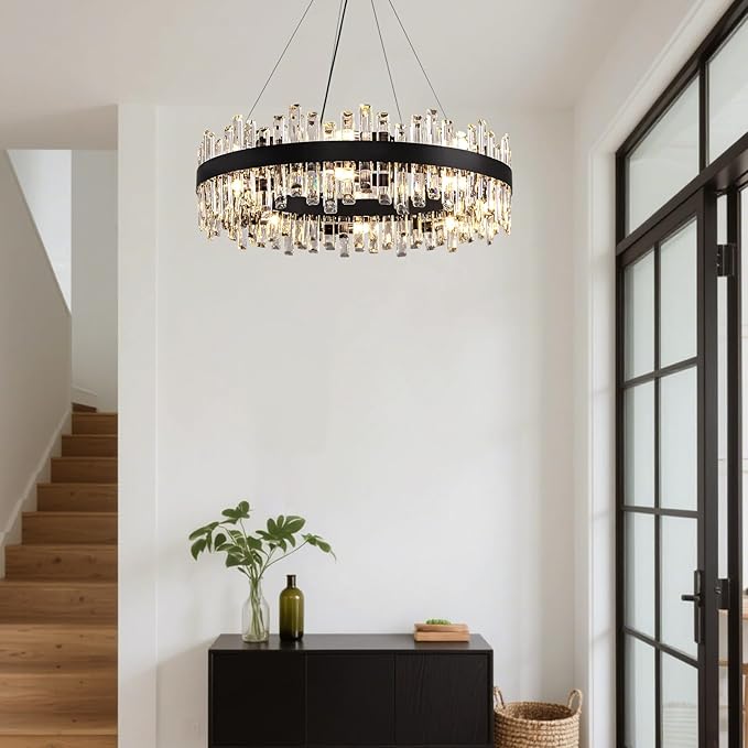 Modern Crystal Chandelier 16-Light Black Round 2 Tiers Raindrop Chandelier for Dining Room Luxury Large Flush Mount Ceiling Light for Living Room Entryway Foyer Bedroom D31.5''