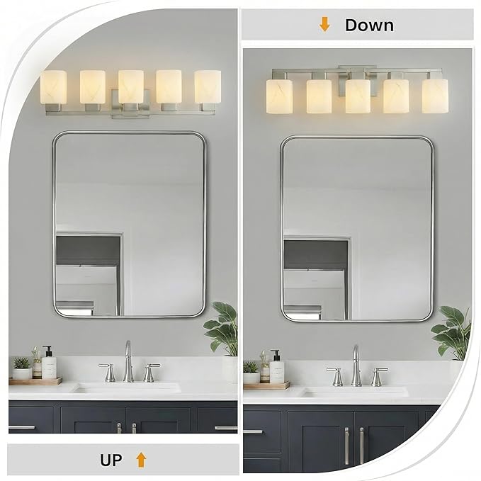 5-Light Square Bathroom Light Fixture, Brushed Nickel Modern Vanity Light with White Marble Glass Shade, for Bathroom Mirror, Living Room, Bedroom, Hallway, E26 Base