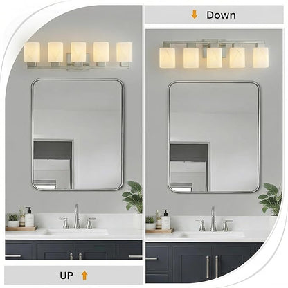 5-Light Square Bathroom Light Fixture, Brushed Nickel Modern Vanity Light with White Marble Glass Shade, for Bathroom Mirror, Living Room, Bedroom, Hallway, E26 Base