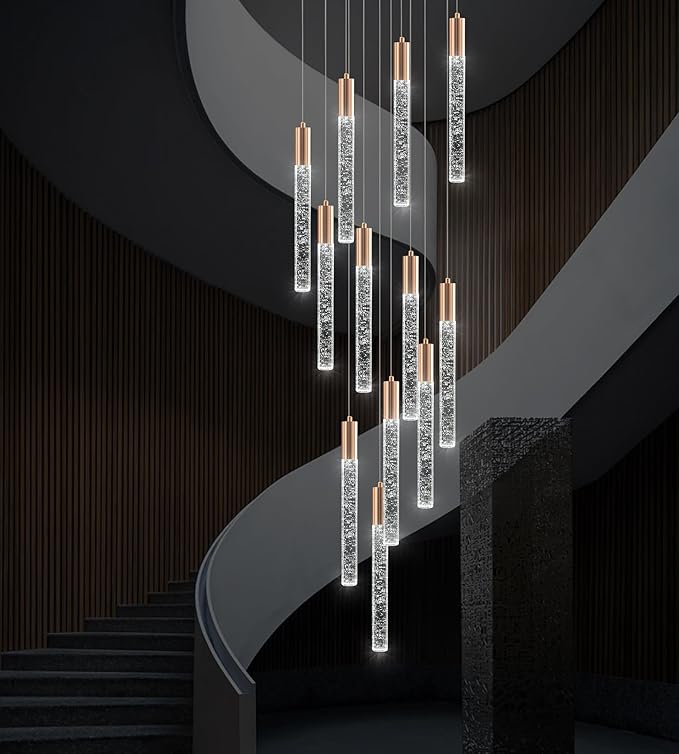 Modern High Ceiling Crystal Chandelier 12-Lights, Large Spiral LED Raindrop Foyer Pendant Lighting, Bubble Staircase Living Room Hanging Light Fixture Flush Mount Gold
