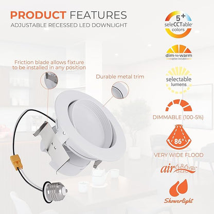 HALO RA 4 inch LED Recessed Light Trim with Adjustable Gimbal, Selectable Lumens and Selectable Color Temperature, Dim-to-Warm Feature, Damp Location Rated RA4LS9FSD2W1EWH