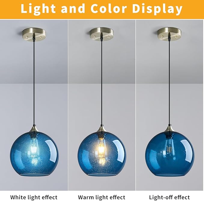 Modern 3-Pack Glass Globe Pendant Lights, Blue Modern Pendant Lighting for Kitchen Island, Clear Glass Hanging Lamps for Dining Room Living Room Bedroom, Medium 7.87 Inch Fixture (Bulbs Not Included)