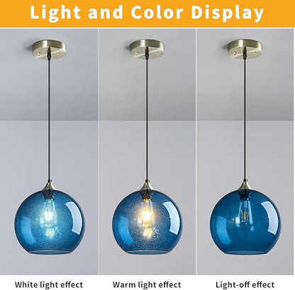 Modern 3-Pack Glass Globe Pendant Lights, Blue Modern Pendant Lighting for Kitchen Island, Clear Glass Hanging Lamps for Dining Room Living Room Bedroom, Medium 7.87 Inch Fixture (Bulbs Not Included)