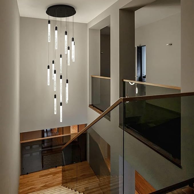 GEADI Modern LED High Ceiling Chandelier with Remote Control,16 Lights Crystal Foyer Chandeliers for High Ceilings,Black Dimmable Long Pendant Light for Staircase Entryway Living Room