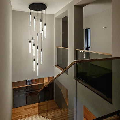 GEADI Modern LED High Ceiling Chandelier with Remote Control,16 Lights Crystal Foyer Chandeliers for High Ceilings,Black Dimmable Long Pendant Light for Staircase Entryway Living Room